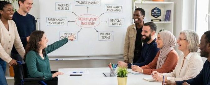 Équipe diversifiée en réunion illustrant une stratégie de recrutement inclusif réussie