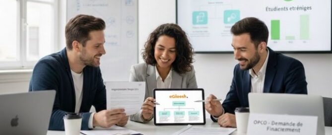 Équipe RH eGloosh en réunion présentant la réglementation stages 2025 sur tablette et écran.