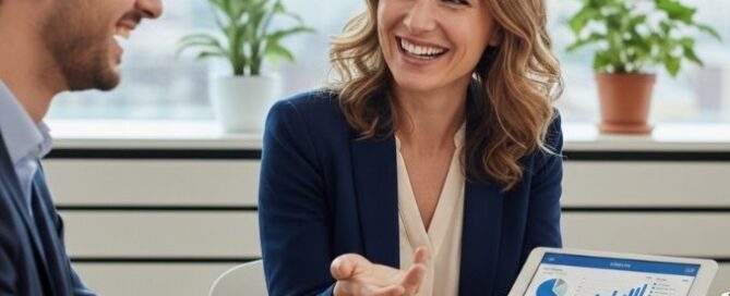Recruteur humain utilisant une tablette pour analyser des données candidats tout en menant un entretien chaleureux.