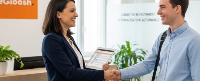 Recrutement d'alternants : une responsable RH échange avec un jeune talent en entreprise pour booster sa marque employeur et réussir l'intégration d'un apprenti en Bachelor.